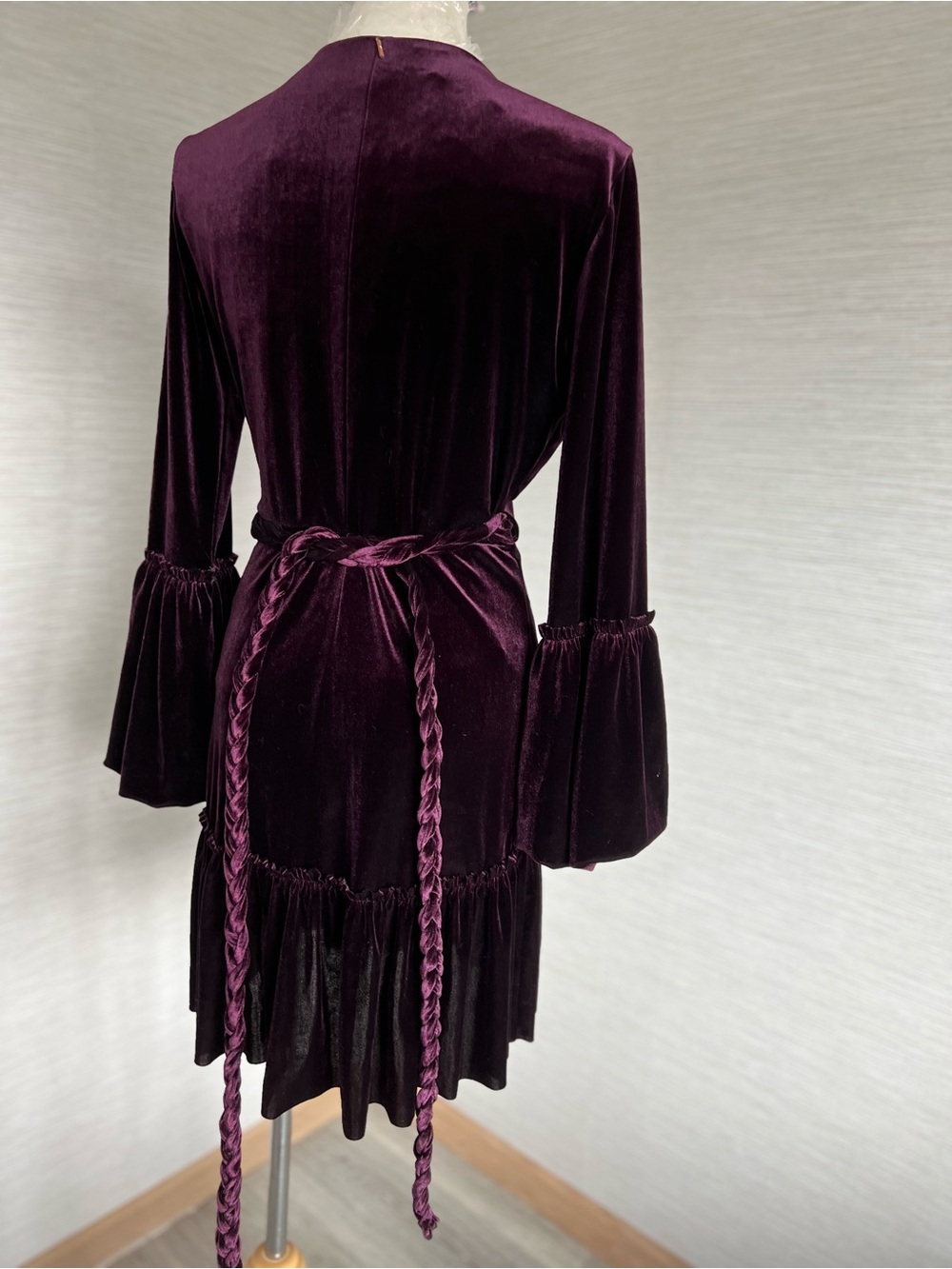 MISA LOS ANGELES Boho Velvet puff sleeve Wrap Dress in Deep Burgundy - Picture 11 of 11